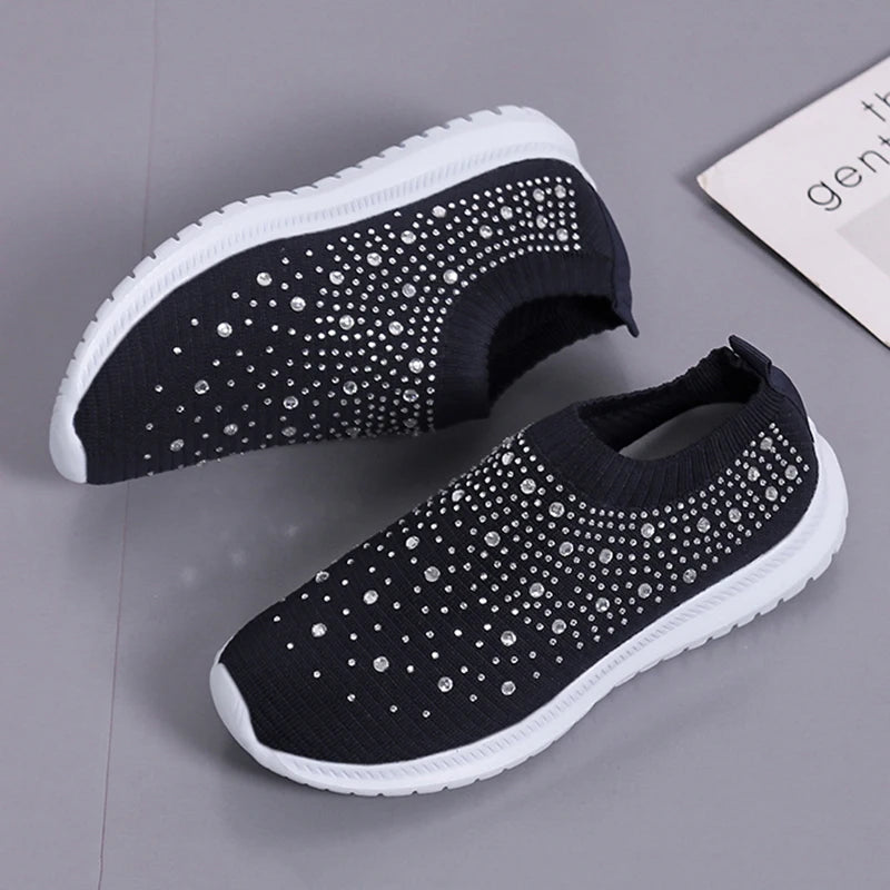 Rimocy Crystal Breathable Mesh Sneaker Shoes for Women Comfortable Soft Bottom Flats Plus Size 43 Non Slip Casual Shoes Woman