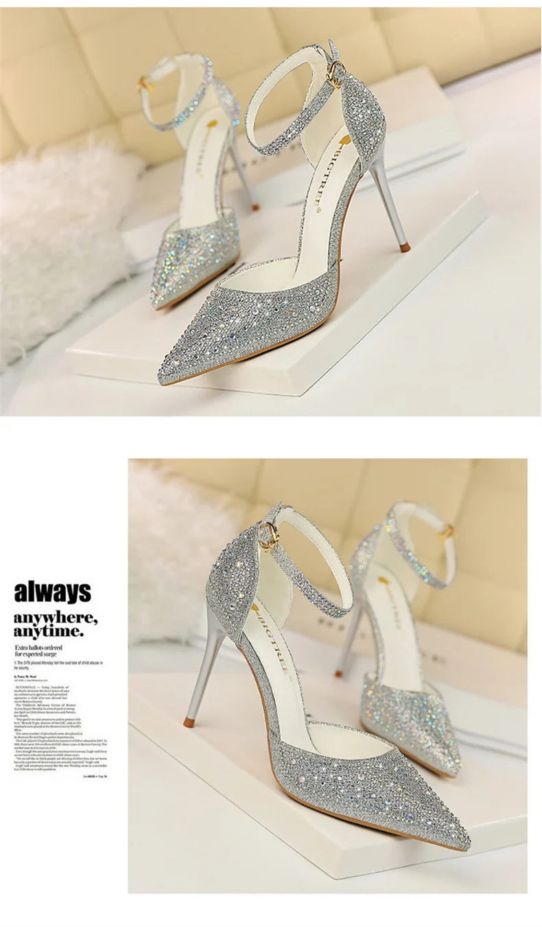 Korean Version Shiny Rhinestones High Heels Shoes Women Pumps Stiletto Sweet Heels Hollow Wedding Sandals 10 Cm Nightclub 283-16