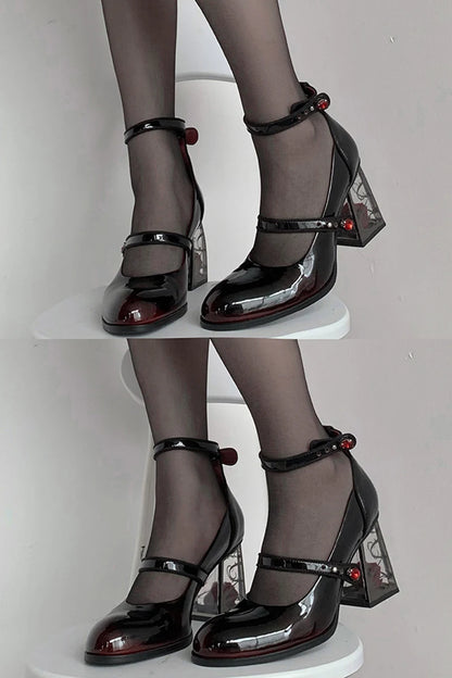 Punk Gothic High Heels Pumps Woman Ankle Straps Black Mary Jane Shoes Women 2023 New Rose Heeled Patent Leather Lolita Shoes