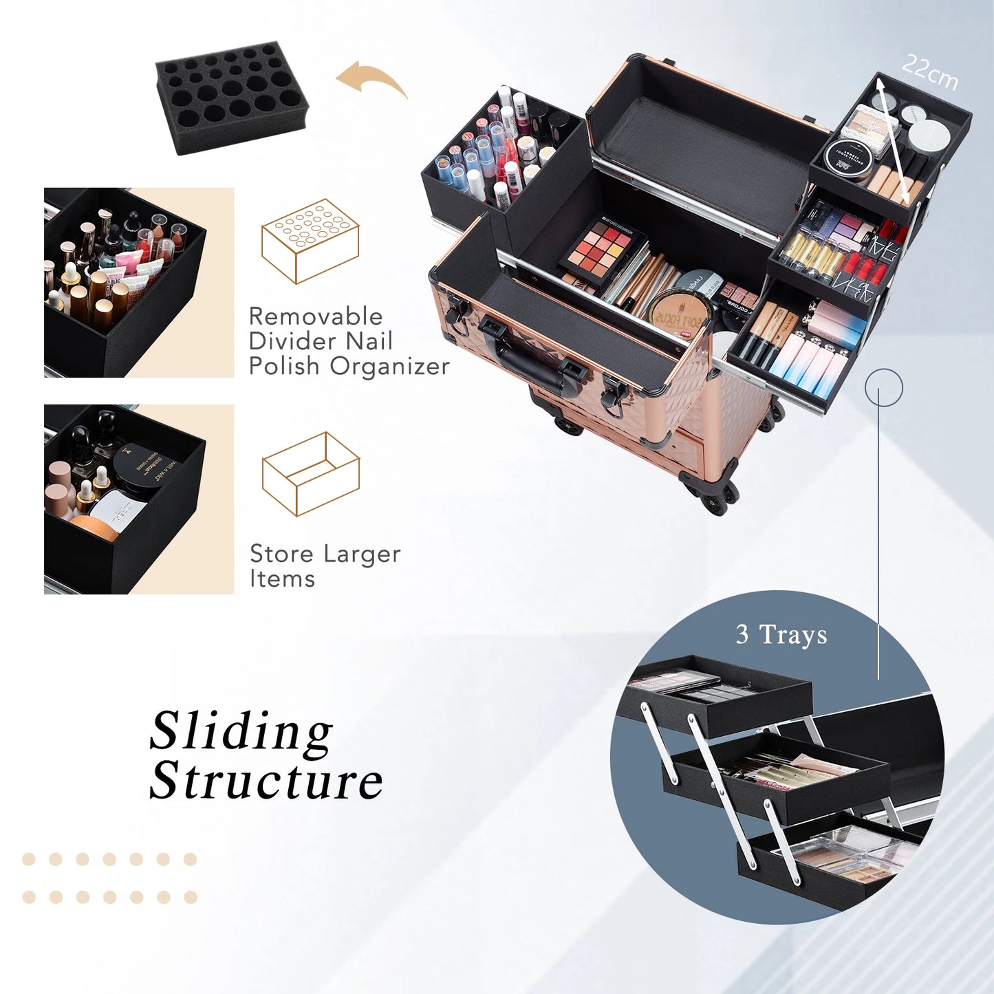 Professional Makeup Suitcase with Wheels Large Storage Cosmetic Trolley with Slide Drawer Lock Rolling Make-up Case Nail Tech