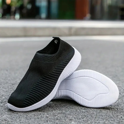 Women's Solid Color Mesh Sneakers Flying Woven Walking Fashion Slip-on Flat Shoes Sports Running Tennis