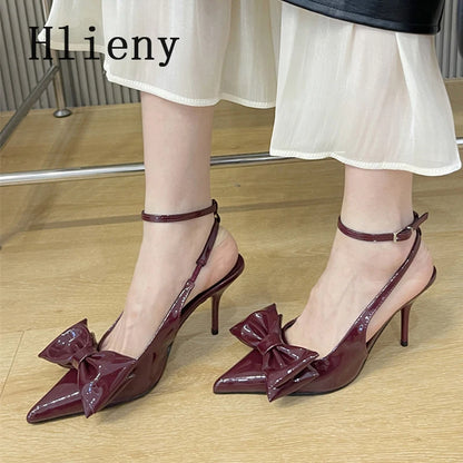 Hlieny Wine Red Ankle Strap Stilettos For Woman Patent Leather Bow Pointed Toe Slingbacks High Heels Sandals Women Pumps Shoes