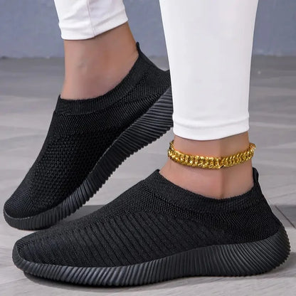 Women's Solid Color Mesh Sneakers Flying Woven Walking Fashion Slip-on Flat Shoes Sports Running Tennis