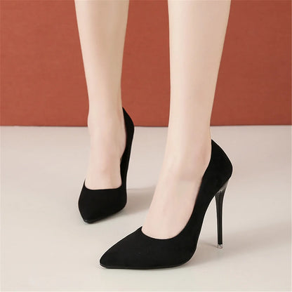 12cm high heel suede high heels female pointy thin heel shallow mouth Korean version pink single shoes large size 45