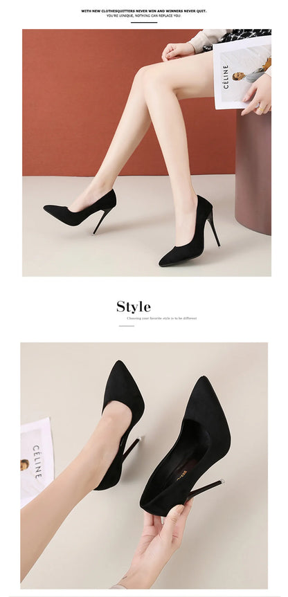 12cm high heel suede high heels female pointy thin heel shallow mouth Korean version pink single shoes large size 45