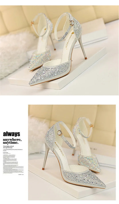 Korean Version Shiny Rhinestones High Heels Shoes Women Pumps Stiletto Sweet Heels Hollow Wedding Sandals 10 Cm Nightclub 283-16