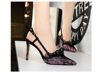 Fashion Women Sandals Mesh Rhinestone Lace Hollow Kitten Pumps Stilettos Summer 313-5Thin High Heel Single Shoes Grace Slippers