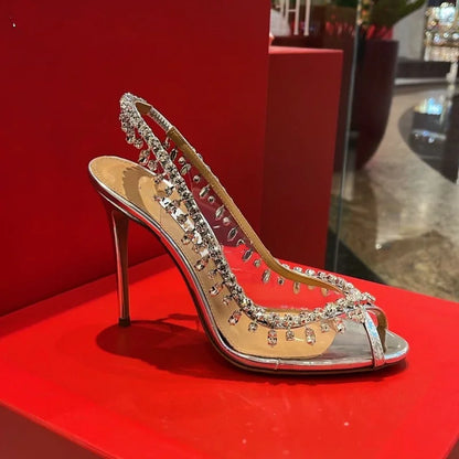 New Summer Women's High-heeled Sandals Fish Mouth Transparent with Rhinestone Chain Stiletto Heels Empty Back Shoes