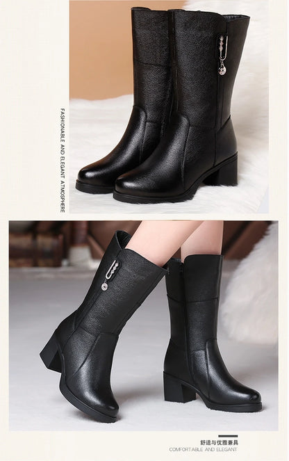 WOIZGIC women genuine leather mid calf boots female mather ladies winter fur plush warm