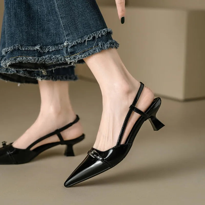 2024 New Summer Women's Dress Shoes Patent Leather Slip on Pointed Toe Sandals Buckle Slingbacks Mid Heels Pumps Sandalias Mujer