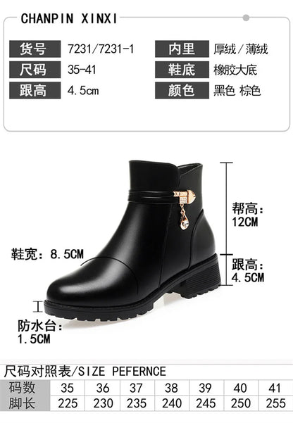 New Winter Women Boots Rhinestone Leather Boots Autumn Winter Warm Cotton Shoes Low Heel Round Head Side Zip Footwear Anti-slip