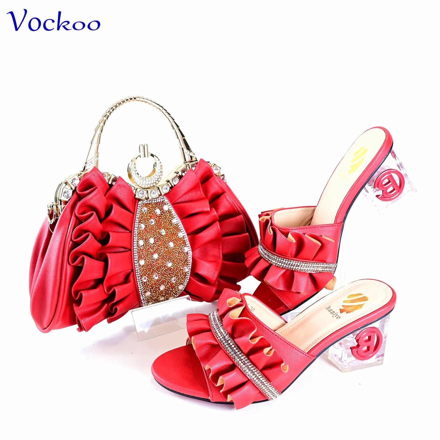 2024 Square Heels New Design Peep Toe Italian Wedding Shoes and Bag Set in Red Color Fashion African Slipper For Party