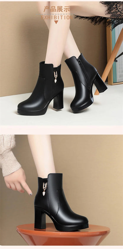 Autumn Winter Women Platform Shoes Warm Fleece Waterproof Short Leather Boots Luxury Black Super Office High Heel Ankle Boots