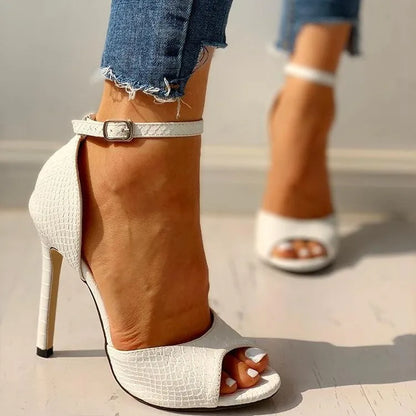 Sexy Dress Wedding Shoes Women Ankle Strap Peep Toe High Heel Sandals White Super High Heels Buckle Snake Pattern Woman Pumps