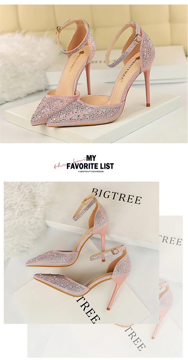 Korean Version Shiny Rhinestones High Heels Shoes Women Pumps Stiletto Sweet Heels Hollow Wedding Sandals 10 Cm Nightclub 283-16