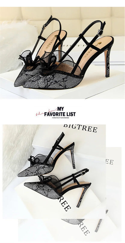 Fashion Women Sandals Mesh Rhinestone Lace Hollow Kitten Pumps Stilettos Summer 313-5Thin High Heel Single Shoes Grace Slippers