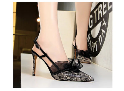 Fashion Women Sandals Mesh Rhinestone Lace Hollow Kitten Pumps Stilettos Summer 313-5Thin High Heel Single Shoes Grace Slippers