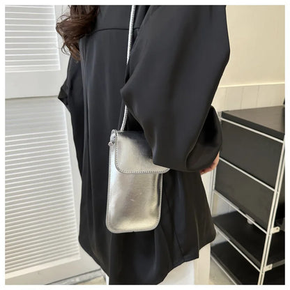 Fashion Versatile Metallic Glossy Shoulder Crossbody for Women Silver Gold PU Mini Bag Portable Lipstick Bag Mobile Phone Bag