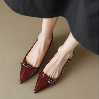 2024 New Summer Women's Dress Shoes Patent Leather Slip on Pointed Toe Sandals Buckle Slingbacks Mid Heels Pumps Sandalias Mujer