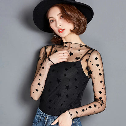 Black Mesh See Through Top For Women Sexy Transparent Top Summer Sun-proof Clothing Thin Long Sleeve Ladies Lace Blouse T-shirt