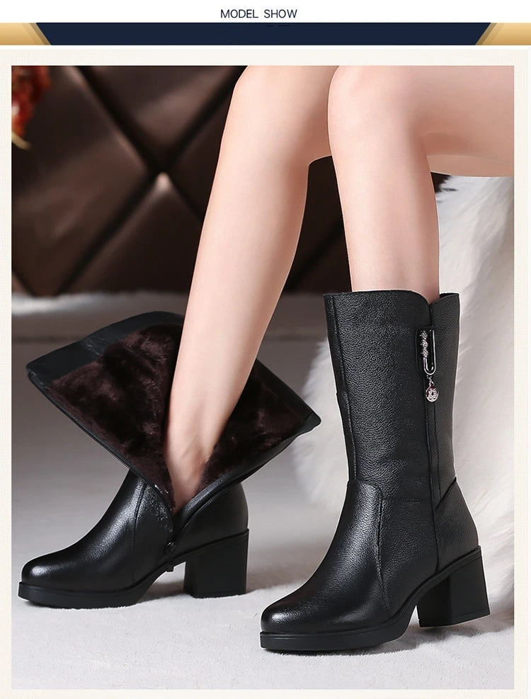 WOIZGIC women genuine leather mid calf boots female mather ladies winter fur plush warm