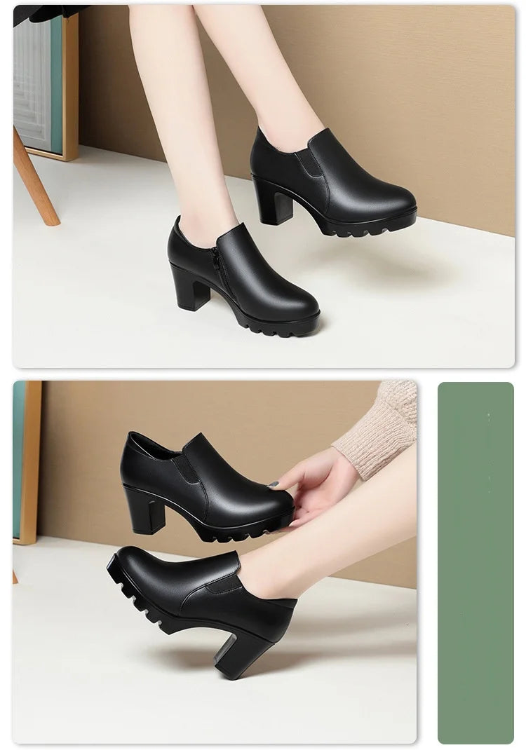 6.5cm 8.5cm Elegant Black Block High Heels Shoes Deep Mouth Spring 2024 Thick Platform Pumps Soft Leather for Office Model Work