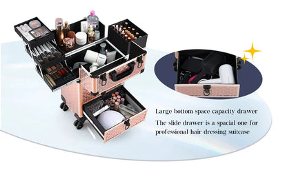 Professional Makeup Suitcase with Wheels Large Storage Cosmetic Trolley with Slide Drawer Lock Rolling Make-up Case Nail Tech