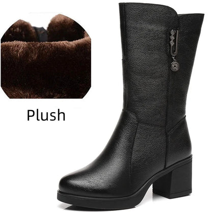 WOIZGIC women genuine leather mid calf boots female mather ladies winter fur plush warm