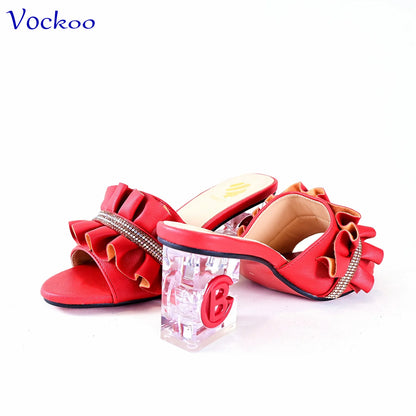 2024 Square Heels New Design Peep Toe Italian Wedding Shoes and Bag Set in Red Color Fashion African Slipper For Party