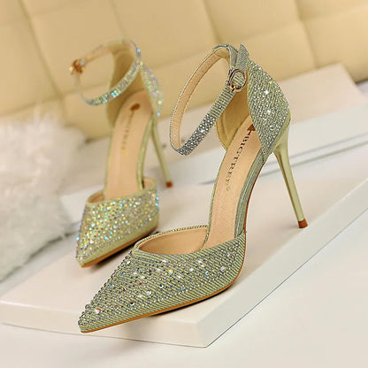 Korean Version Shiny Rhinestones High Heels Shoes Women Pumps Stiletto Sweet Heels Hollow Wedding Sandals 10 Cm Nightclub 283-16