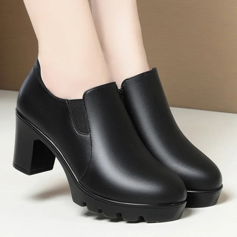 6.5cm 8.5cm Elegant Black Block High Heels Shoes Deep Mouth Spring 2024 Thick Platform Pumps Soft Leather for Office Model Work