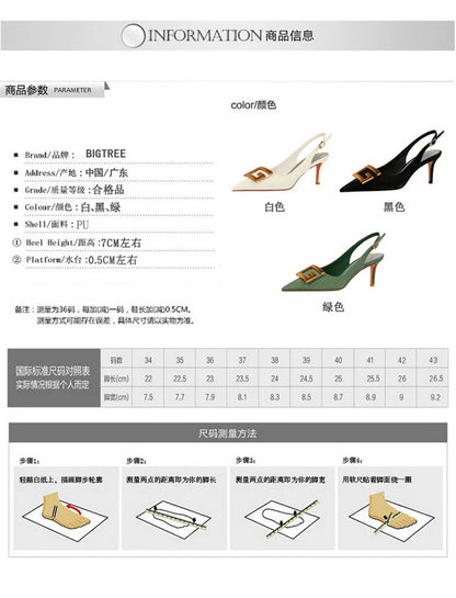 Metal Square Buckle Thin Heel Party Shoes Black Green White Woman Pointed Toe Hollow Back Strap Pumps Middle Heel Sandals