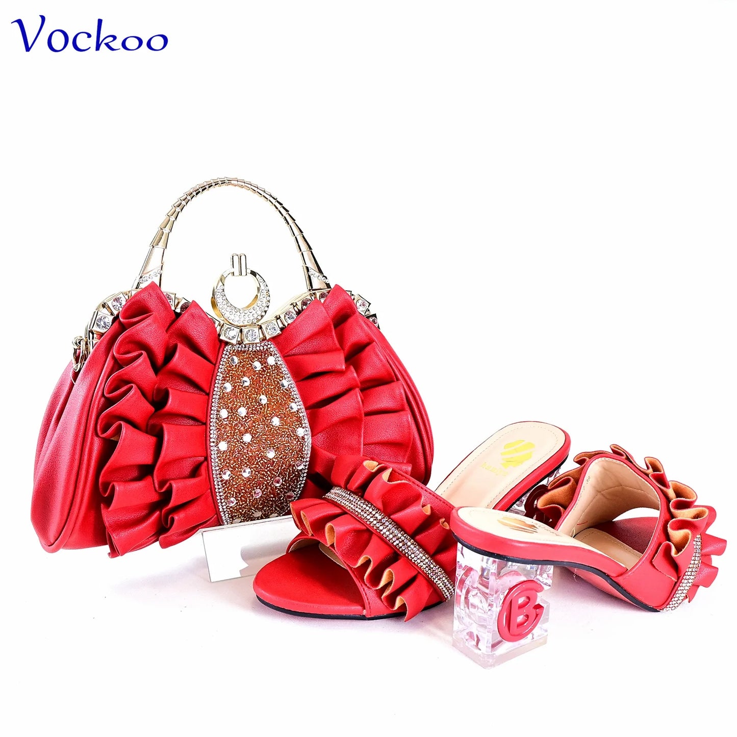 2024 Square Heels New Design Peep Toe Italian Wedding Shoes and Bag Set in Red Color Fashion African Slipper For Party