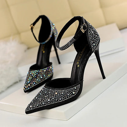 Korean Version Shiny Rhinestones High Heels Shoes Women Pumps Stiletto Sweet Heels Hollow Wedding Sandals 10 Cm Nightclub 283-16